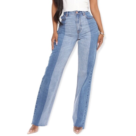 Fashion Nova Pick A Side Two Tone High Rise Straight Jeans - Picture 1 of 6